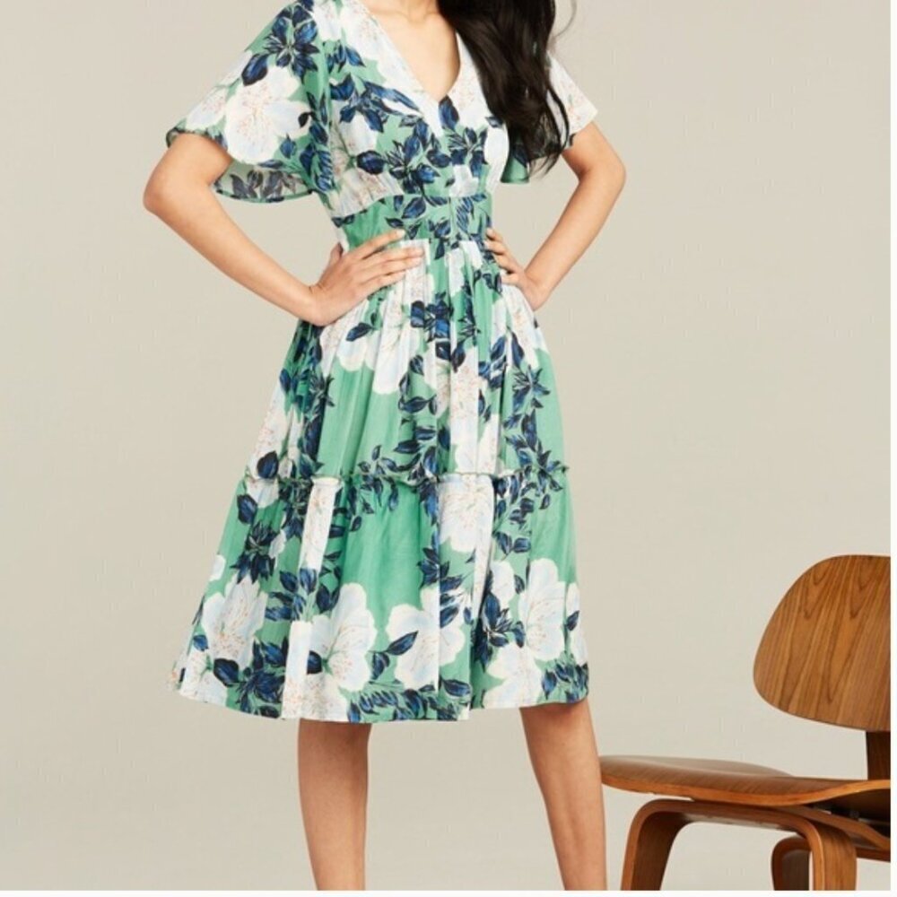 Roller Rabbit Sun Dress Clovis Cecelia V-Neck Short Sleeve Floral Green S Small